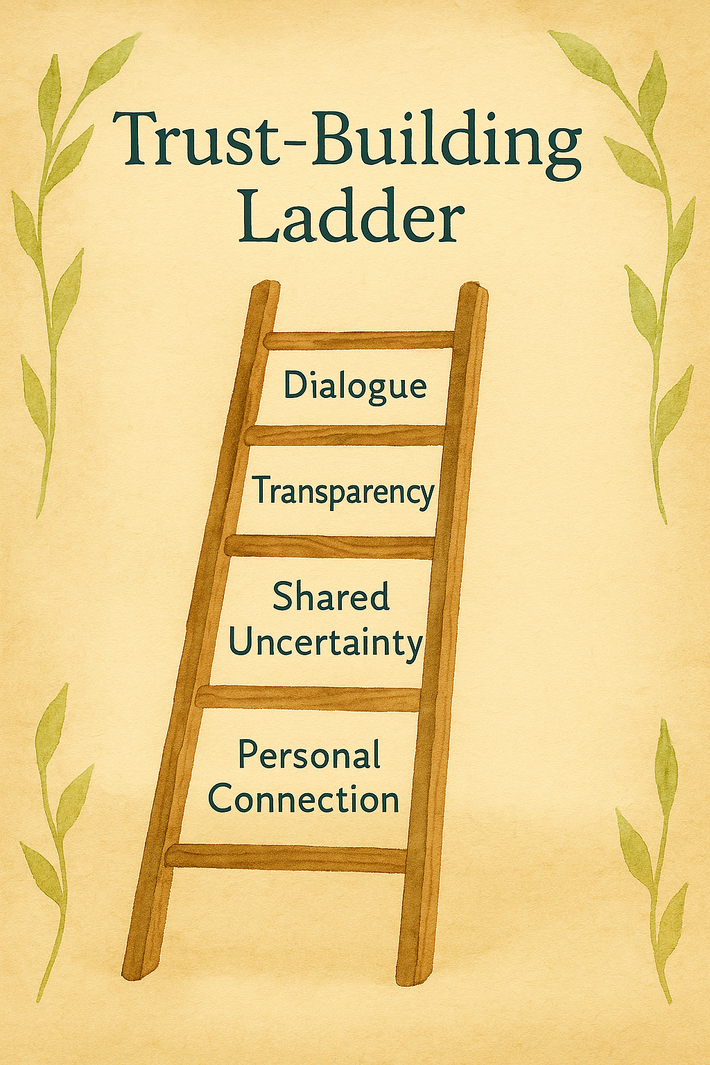 Hand-drawn illustration of a wooden ladder labeled “Trust-Building Ladder,” with four rungs reading: Dialogue, Transparency, Shared Uncertainty, and Personal Connection. Green leafy vines frame the image on both sides against a warm beige background.